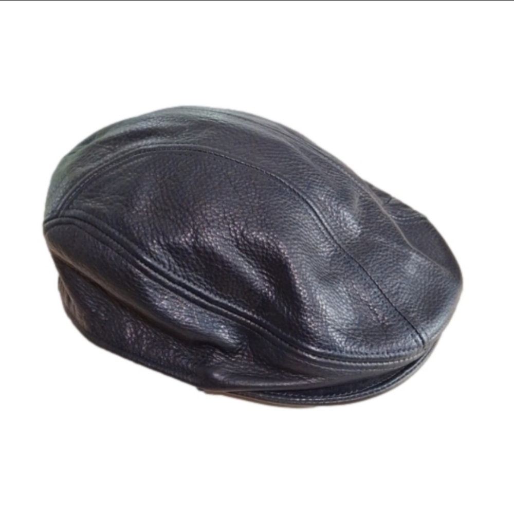 Vintage 70s United Hatters Millinery Leather Flat Black Mens Biker Hat